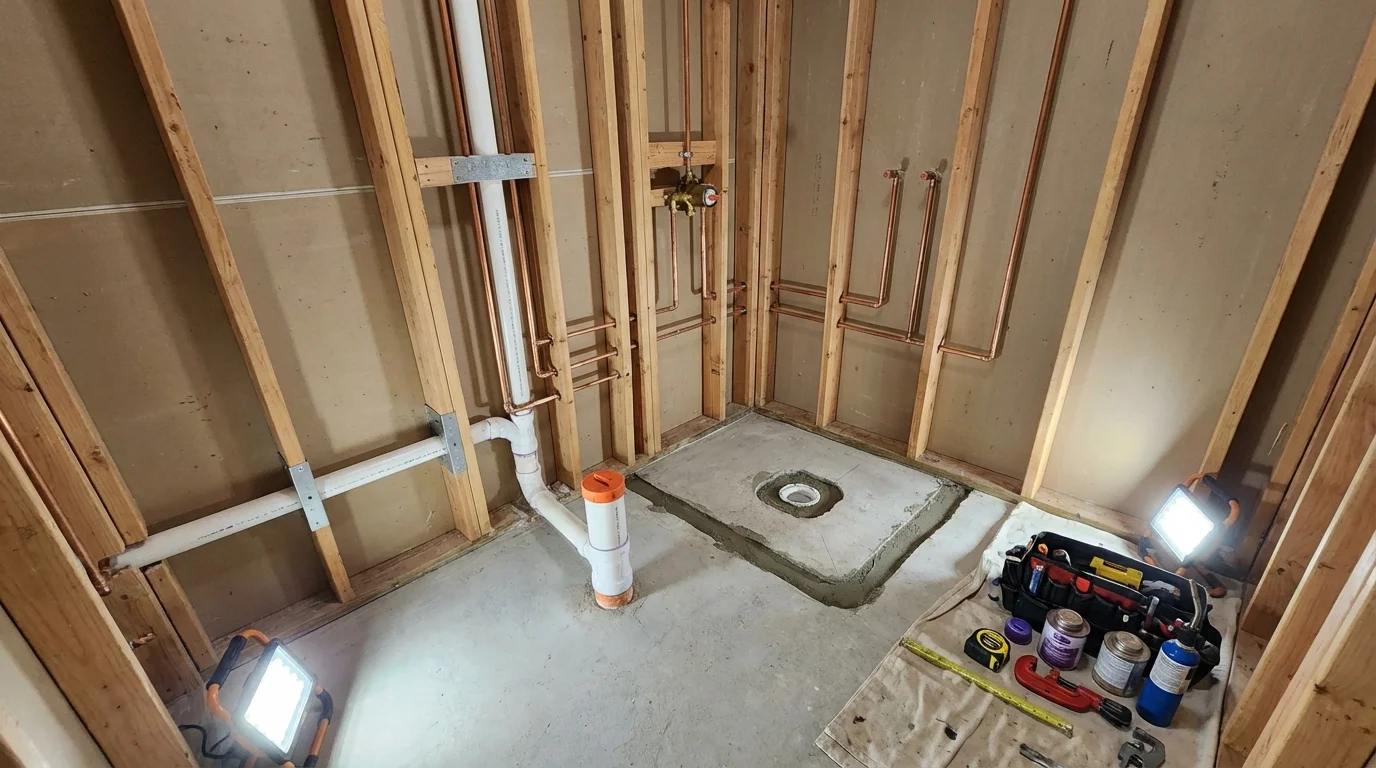 Bathroom rough-in plumbing during remodel by Johns Plumbing LLC in McIntosh