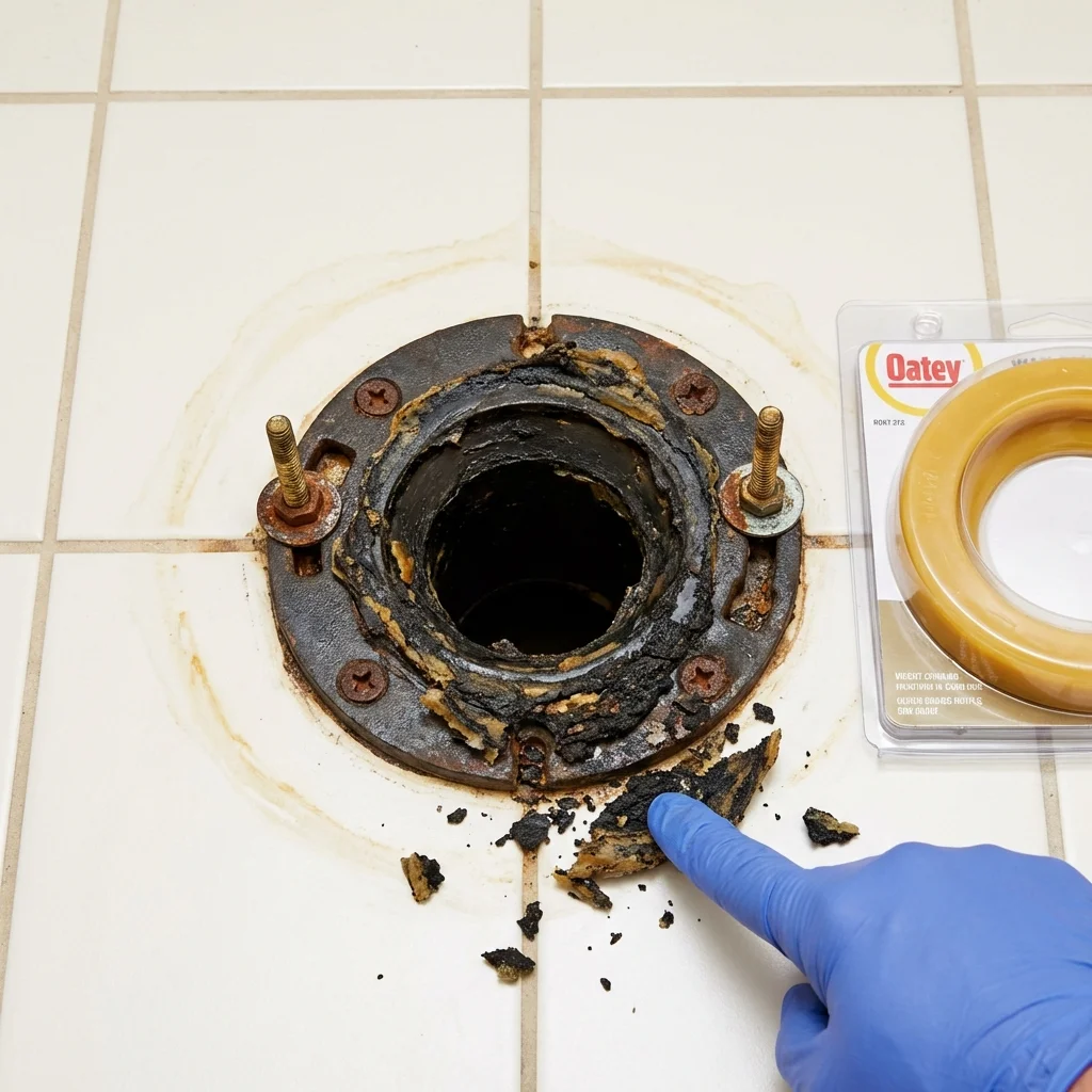 Failed wax ring showing water seepage at the base of a toilet in a McIntosh, NM home